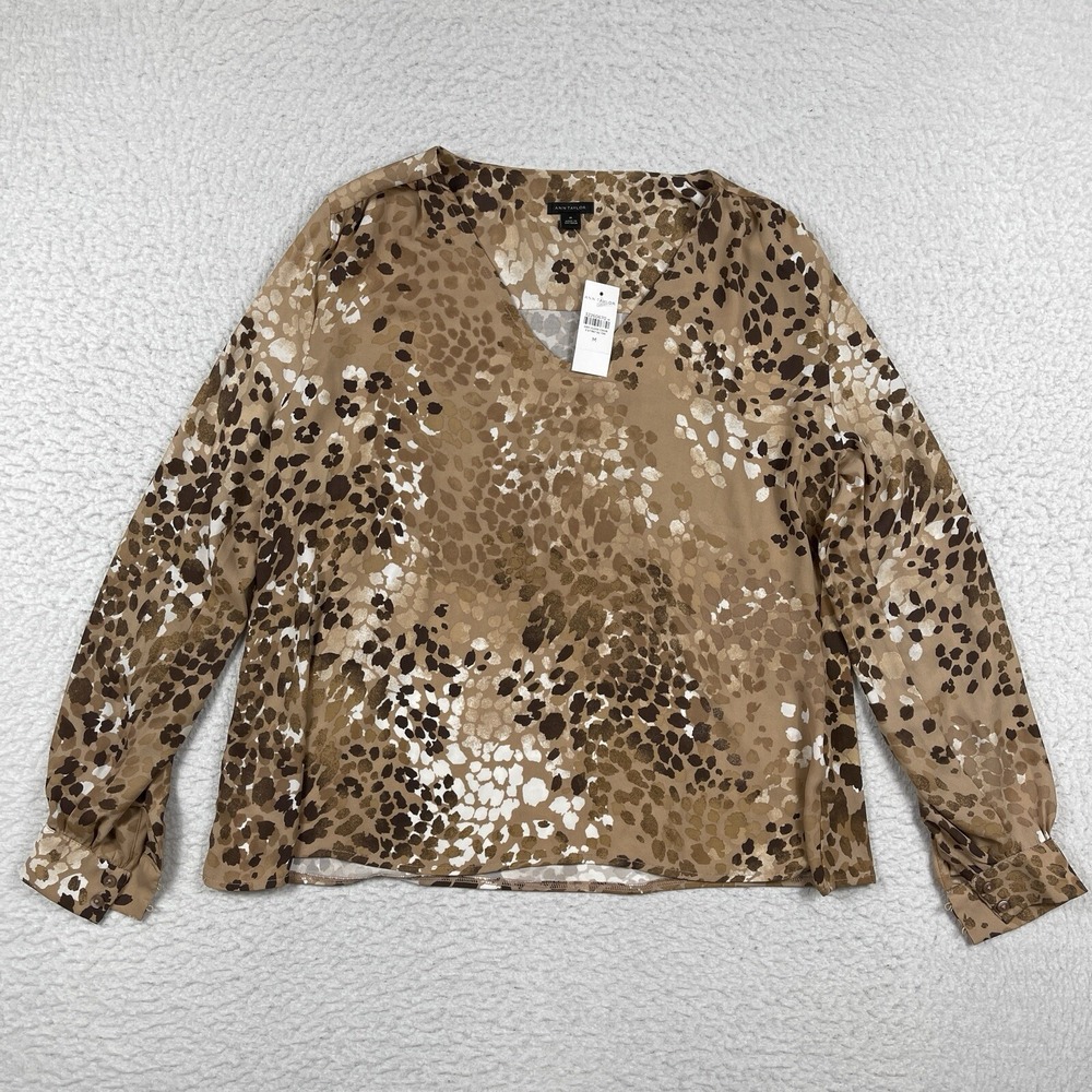 Ann‎ Taylor Blouse Women Medium Tan Brown Animal Print V-Neck Mixed Media NWT